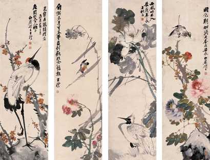 王礼 四时花鸟图 四屏